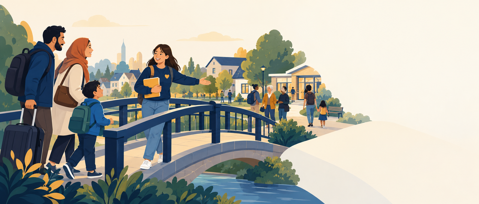 An illustration of a volunteer welcoming an immigrant family